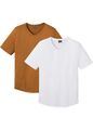 2er Pack T-Shirt mit V-Ausschnitt Bio Baumwolle Gr 48/50 M Weiß Cognac Braun Neu