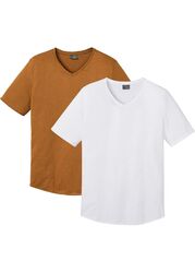 2er Pack T-Shirt mit V-Ausschnitt Bio Baumwolle Gr 48/50 M Weiß Cognac Braun Neu