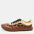 Dolce & Gabbana braune niedrige Sneakers aus Leder und Canvas mit Leopardenmuster