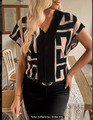 Lockere Bluse mit V-Ausschnitt und Geo-Print, Kurzarm  Gr.XXL Braun schwarz