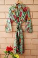 Indisch Baumwolle Grün Blumenmuster Kimono Bademantel Brautparty Abendkleid Robe