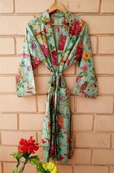 Indisch Baumwolle Grün Blumenmuster Kimono Bademantel Brautparty Abendkleid Robe