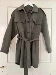 Zara Shacket Jacke Mantel Olive Mit Wolle XS