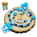 Babyset Schnullerkette mit Namen (4 Teile) Silikon ♡ Junge ♡ Geschenk ♡ Blau Bär