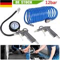 Druckluft Set 3-Tlg KFZ Spiralschlauch 12 bar Reifenfüllmesser Ausblaspistole DE