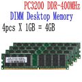 4GB Desktop Memory 4x 1GB DDR 400MHz PC-3200 184pin Non-ECC RAM Low Density DE