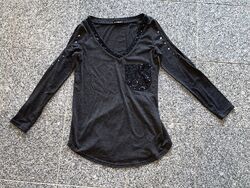 schulterfreies Langarmshirt Gr. S schwarz mit Pailletten