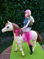 BARBIE CMP27 Tawny Pferd mit Puppe MATTEL 2014 Reiterin schwingt in Sattel "TOP"