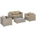 4-tlg. Polyrattan Gartenmöbel Set Sitzgruppe mit Couchtisch Sitzkissen Khaki