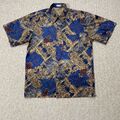 VINTAGE Thai Seide Muster Hemd Herren Small Navy Blau Gold Tribal Ethno Art 90s