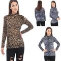 Neu Damen-T-Shirt Leopardendruck Langarm Schildkröte Polokragen Top UK 8-26