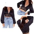 Nasty Gal Shirt Bluse Satin bauchfreies Oberteil Spitze Langarm sexy Ausgehen UK 12 neu mit Etikett