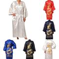 Herren Retro Chinesisch Seiden-Satin Kimono Robe Abendkleid Bademantel Drachen