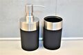 2 teiliges Bad Set Seifenspender und Becher schwarz silber Badezimmer Accessoire