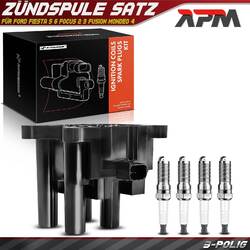 Zündspule + 4x Zündkerze für Ford Fiesta 5 6 Focus 2 3 Fusion Mondeo 4 Volvo C30