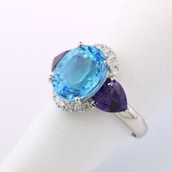 Edelstein-Ring Blautopas Amethyst und Diamant, in 750-Weißgold "Trilogie"