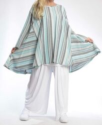 PLUS SIZE BLUE/MULTI LINEN BLEND STRIPED OVERSIZED FLARED TUNIC Size 30-36