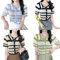 Women Lapel Button Down Sweater Cardigan Beach Holiday Striped Hollow Knit Coat