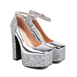 Damen Mary Jane Glitter Bling Blockabsatz Plateau Knöchelriemen Sandalen Pumps