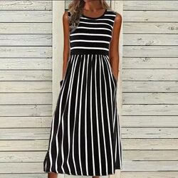 Damen Gestreift Trägerkleid Sommer Urlaubkleid Ärmellos Midikleid Freizeitkleid