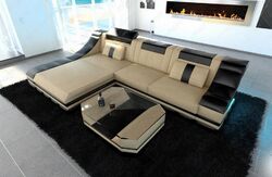 Sofa Eckcouch Modern TURINO L Form Leder Couch LED Ottomane Sandbeige Schwarz