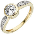 Damen Ring 375 Gold Gelbgold bicolor 9 Karat runder Zirkonia Goldring