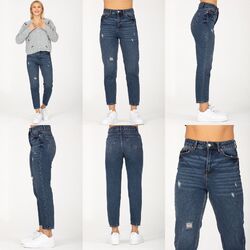 Damen Mom Jeans Jeanshose High Waist Straight Fit Boyfriend Jean Schlaghose