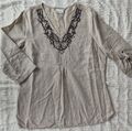 Damen Bluse Gr: 38                              beige, V- Ausschnitt mit Perlen