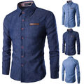 Herren Denim Shirts Langarmhemd Slim Fit Navy Casual Button Jeans Shirt