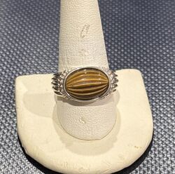 Sterling Silber ~ Vintage ~ ovaler geschnitzter Cabochon echtes Tigerauge Ring ~ Gr. 10 ~ 7,5