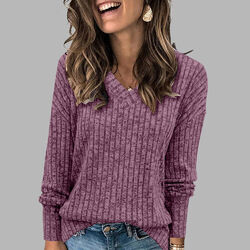 Damen V-Neck Strickpullover Strickshirt Sweater Langarm Pullover Freizeit Pulli