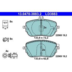 1x ORIGINAL® Ate 13.0470-3883.2 Bremsbelagsatz, Scheibenbremse Vorne, exkl.