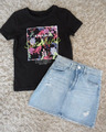 Set: H&M goldiger Jeans Rock   + T- Shirt  Gr. 134-140 /8-11 J   TOP!