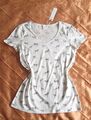 ESPRIT KURZARM V-SHIRT ALLOVER TIERMUSTER ZEBRA MIT LEINEN CREME WEISS M, 38 NEU