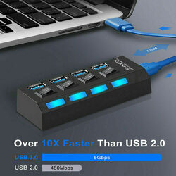 USB 3.0 Hub 4 Port Splitter Adapter mit aktivem Netzteil Verteiler Für PC Laptop