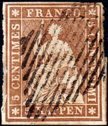Svizzera - 1854 - 5 rappen bruno arancio - Unificato n.32 - usato - Sorani