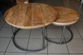 2er Set Couchtisch Mangoholz rund Metall Mango Satztische Sofatisch silber grau