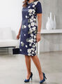 NEU! Premium Kleid Etuikleid Baumwollsatin 97% Baumwolle Marineblau Floral XL XX