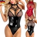 Damen Lackleder Bodysuit Wetlook Babydoll Unterwäsche Dessous Sexy Reizwäsche DE