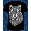 Herren T-Shirt “Wolf Totem” mit Muster unter UV Schwarzlicht leuchtet Neon