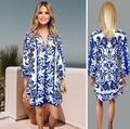 ZARA KLEID GRÖSSE 10 KURZ BLAU MIX BLUMENDRUCK KAFTAN GEKNÖPFT HENLEY-AUSSCHNITT #13