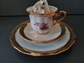 3tlg. Kaffeegedeck Teller Tasse Bavaria Germany 24 Karat Gold Handarbeit Rose