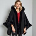 Schwarzer Poncho mit Kunstfellbesatz – Damen, Warm | Einheitsgröße, Kapuze