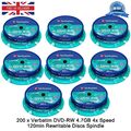 200 x Verbatim DVD-RW 4,7 GB 4x Geschwindigkeit 120min wiederbeschreibbare Discs Spindelpack 25 Neu