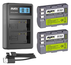 ayex Power- Paket 2 x ayex Akku EN-EL3e für Nikon u.1 x ayex USB Dual- Ladegerät