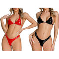 Damen Sexy Bikini Set Glänzend BH und Schnalle String Tanga Zweiteilige Bademode