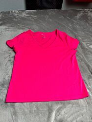 Figurbetontes Damen Kurzarm Oberteil T-Shirt mit V-Ausschnitt Neon Pink