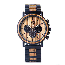 HERREN HOLZ ARMBANDUHR EBENHOLZ GLIEDERARMBAND QUARZ UHR EDELSTAHL CHRONOGRAPH