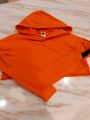 Orangefarbenes kurzes Hoodie Sweatshirt für Mädchen Größe 12-13 Jahre mit Ärmeldetails.