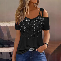 Damen Schulterfrei Kurzarm T-Shirt Strass Sommer Bluse Freizeit Tunika Oberteile